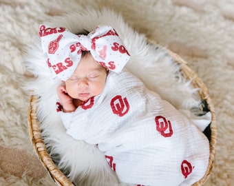 University Of Oklahoma Hair Bow Boomer Sooner Bow Crimson and Cream Bow Gameday The Honey Bows