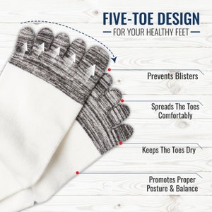 May include: White and gray five-toe socks. The socks have a five-toe design and the text "FIVE-TOE DESIGN - FOR YOUR HEALTHY FEET". The socks are designed to prevent blisters, spread the toes comfortably, keep the toes dry, and promote proper posture and balance.