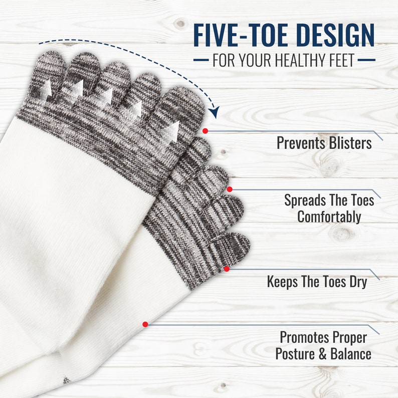 May include: White and gray five-toe socks. The socks have a five-toe design and the text "FIVE-TOE DESIGN - FOR YOUR HEALTHY FEET". The socks are designed to prevent blisters, spread the toes comfortably, keep the toes dry, and promote proper posture and balance.