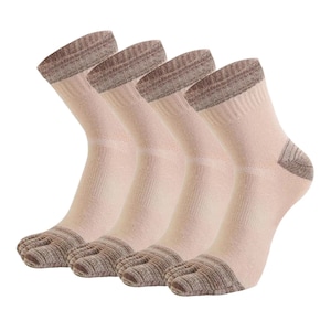 May include: Four pairs of beige toe socks with brown accents on the toe, heel, and cuff. The socks are made of a soft, ribbed material and are designed to separate the toes.