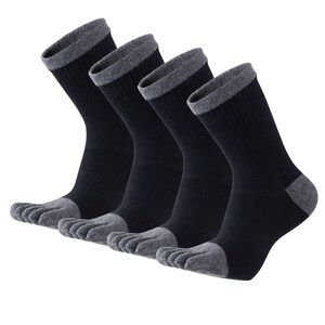 May include: Four pairs of black toe socks with gray accents on the toes, heels, and cuffs. The socks are designed to separate each toe. The socks are made of a soft, comfortable material.