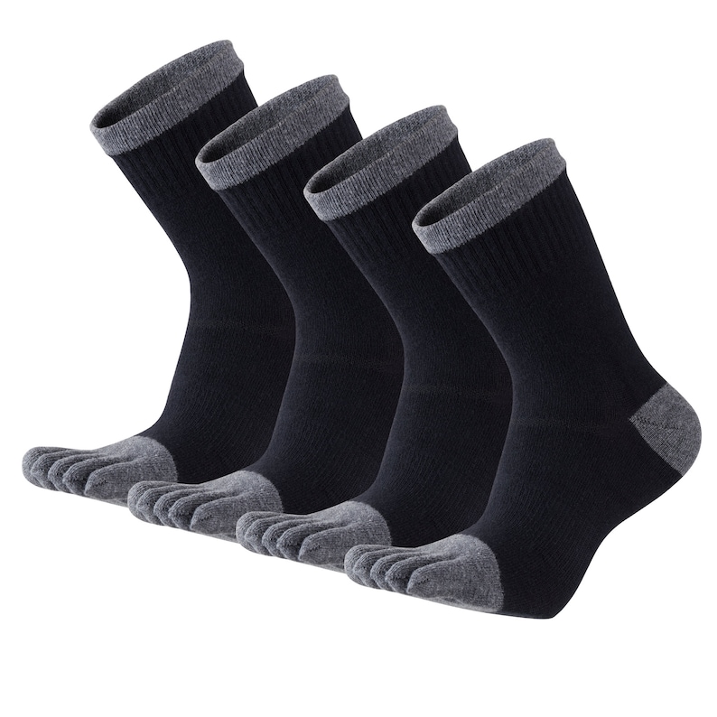 May include: Four pairs of black toe socks with gray accents on the toes, heels, and cuffs. The socks are designed to separate each toe. The socks are made of a soft, comfortable material.