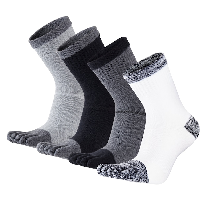 May include: Four pairs of toe socks in various colors: light gray, black, dark gray, and white. Each sock has a separate compartment for each toe and a contrasting color on the toe and heel.