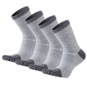 May include: Four pairs of gray toe socks with dark gray accents on the toes, heels, and cuffs. The socks are made of a soft, ribbed material and are designed to separate each toe.