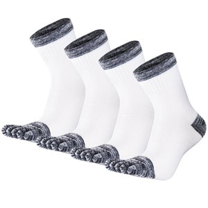May include: Four pairs of white toe socks with gray and black accents. The socks have a white body, gray and black toe and heel sections, and a gray and black cuff. The socks are angled slightly, showcasing the design.