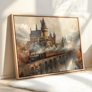 Exclusiva pintura al óleo de Escuela de Magos y Tren de Vapor enmarcada en lienzo, montada en un hermoso "marco flotante".