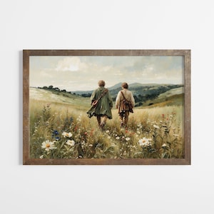 Op de afbeelding: Twee figuren lopen van de kijker weg in een veld vol wilde bloemen. De figuren dragen lange jassen en lopen over een pad door het veld. Het veld is groen en de lucht is blauw met witte wolken.