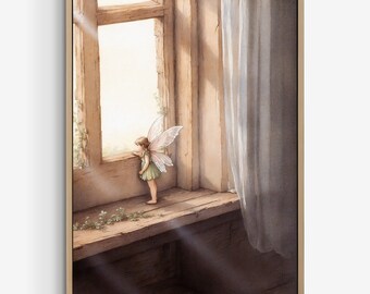 Adorable Painting of a small Fairy Standing by the Window in a Abandoned House, Perfect Fine Art Print for Nursery.