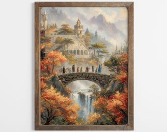 Fellowship Walking Over a Bridge in Elvish River Landscape, Power Ring Fantasy Painting Printed on Premium Matte Paper.