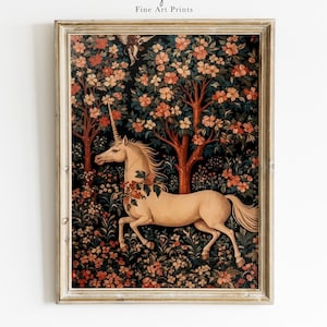 Vintage Medieval Unicorn Tapestry Print Art, Magical Aesthetic Unicorn Wall Art, Unicorn in Forest Kids Room Wall Art, Dark Fairy Tale Art.