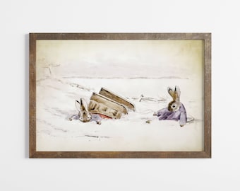 Beatrix Potter Vintage Rabbit Illustration, Kids Storybook Wall Art, Kids Room Winter Landscape Wall Art, Cute Bunny Print Art.