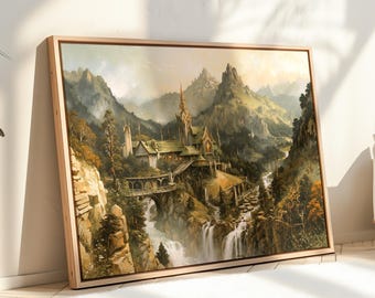 Gerahmtes Gemälde „Elfen-Fantasy-Flusstal“ aus der Reihe „Gefährten“, Leinwandbild „Elfenstadt mit Machtring“, montiert in einem wunderschönen „schwebenden Rahmen“.