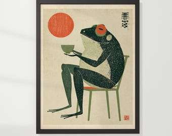Japanese Tea Drinking Frog Illustration, Japandi Woodblock Wall Art.