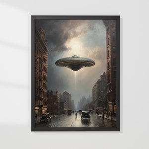 UFO Flying over 1930&#39;s New York Oil Painting, Digital Download UFO Wall Art.