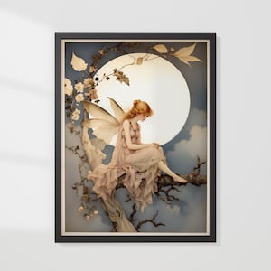 Enchanting Fairy and Full Moon Illustration, Fine Art Print.