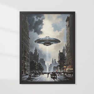 UFO Flying over 1930&#39;s New York Oil Painting, Digital Download UFO Wall Art.