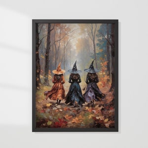 Halloween Hexen im bunten Herbstwald, Digitale Halloween Wandkunst, Witchy Halloween Poster.