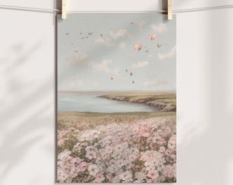 Butterflies flying over Pink Wildflower Summer Field Watercolor Painting Printed on Premium Matte Paper.