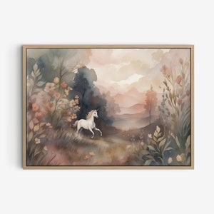 Whimsical Unicorn running in a Magical Fairy Tale Meadow, Unicorn Watercolor Painting, Aesthetic Unicorn Art, Enchanting Nursery Print.
