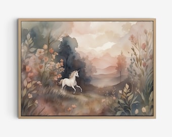 May include: A watercolor painting of a white unicorn running through a field of flowers. The background is a soft, dreamy landscape with a sunset sky.