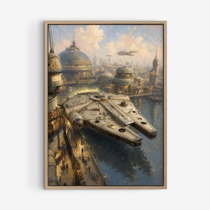 Könnte beinhalten: Ein gerahmter Wandkunstdruck, der eine detaillierte Science-Fiction-Szene mit einem kreisförmigen, metallischen Raumschiff zeigt, das über einem Gewässer in der Nähe einer futuristischen Stadt schwebt. Die Stadt hat Kuppeln und Türme.