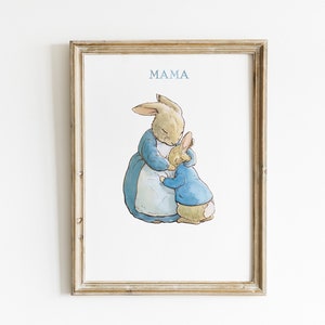 Mama Kinderzimmer Druck Beatrix Potter Kunstdruck, Mutter Kaninchen umarmt Peter Kaninchen, süße Kinderzimmer Wandkunst, Kinderzimmer Mama Geschenk Kunst.