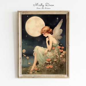 Cute Vintage Fairy and Moon Water Color Painting for Nursery och Children's Room, Digital Art.