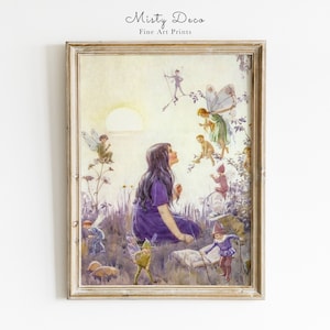 Whimsical Vintage Fairy Illustration by Margaret Tarrant, Cute Fairy Nursery Wall Art, Old Fairytale Painting, Kids Room Print Art.
