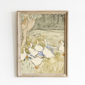 Vintage Duck Printable Wall Art, Antique Geese Watercolor Painting, Nursery Wall Decor, Farm Animal Art Prints, Kids Room Wall Art