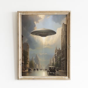 UFO Flying over 1930&#39;s New York Oil Painting, Digital Download UFO Wall Art.