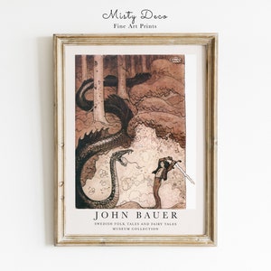 RARE Printable Art by John Bauer, Fairytale Print Art, Boy and Snake Fight, Vintage Folklore Art, the Golden Age of Illustration.