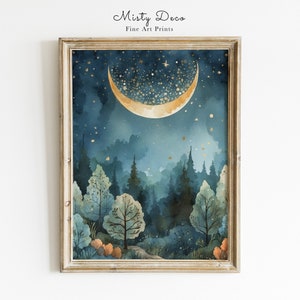 Magischer Wald Aquarell Gemälde, Sternennacht und Halbmond, Märchen Nacht Himmel Illustration, Verträumte Landschaft Druck Kunst.