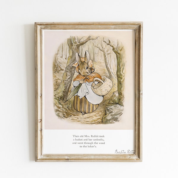 Vintage Beatrix Potter Rabbit Illustration for Nursery, Mrs Rabbit walking to the Bakery, Digital Bunny Wall Art for Children's Room.