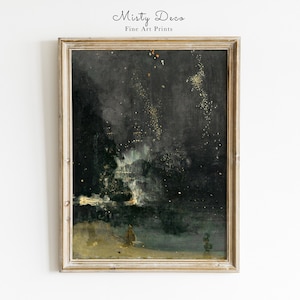 Pode incluir: Uma pintura emoldurada que retrata uma cena noturna escura com uma grande estrutura branca no centro. A estrutura é cercada por árvores e água, e o céu está cheio de pequenas luzes brancas. A pintura está em uma moldura de madeira simples.