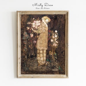 femme de forêt de conte de fées vintage avec illustration de fleurs, art mural vintage de conte de fées, fée de la forêt, art imprimé de contes populaires; Folklore vintage.