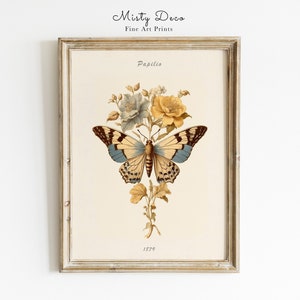 Golden Butterfly and Floral Painting, Vintage Insect Wall Art, Antique Butterfly Poster, Housewarming Retro Butterfly Print Art.