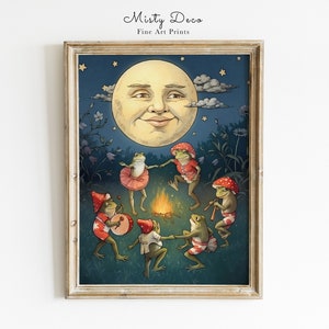 Illustration vintage de grenouilles dansant sous la pleine lune, art mural imprimable pour chambre d'enfant de conte de fées, art fantaisiste d'affiche de conte de fées pour chambre d'enfants.