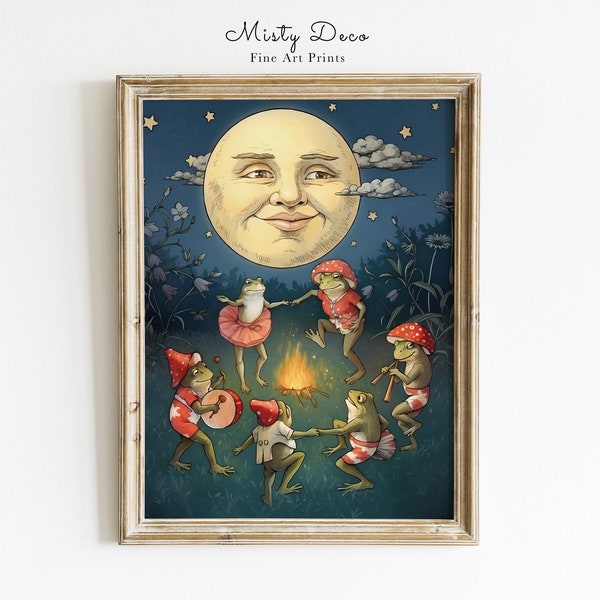 Dancing Frogs Under Full Moon Vintage Illustration, Fairy Tale Nursery Printable Wall Art, Whimsical Fairytale Poster Art For Kids Room.