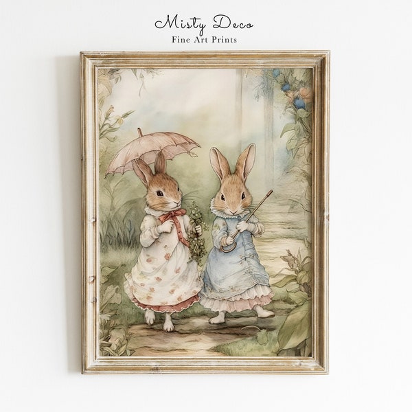 Cute Bunnies Nursery Wall Art, Beatrix Potter Rabbit Watercolor Illustration, Vintage Rabbit Pester Art for Children's Room.