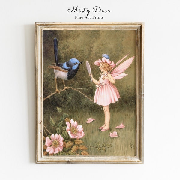 Whimsical Pink Fairy Illustration by Ida Rentoul Outhwaite, Cute Fairy and Bird, Pink Fairy Art, Golden Age of Illustration.