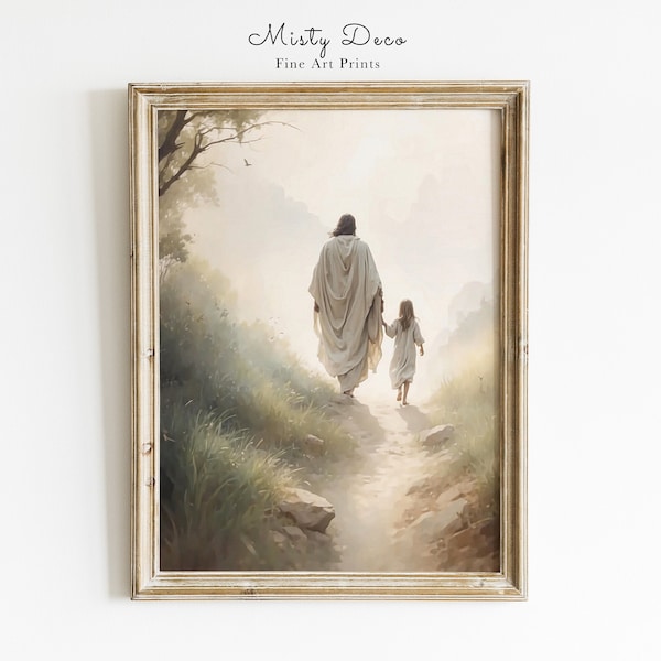 Jesus Walking the Path with a little girl, Follow me Jesus Watercolor Painting, Christian Gift Art, Christ our Savior, Printable Bible Art.