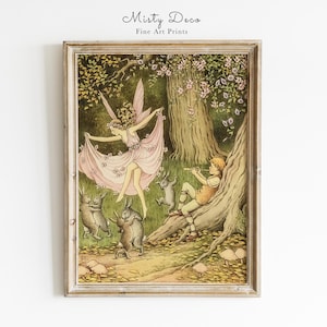 Whimsical Dancing Fairy and Rabbits Illustration by Ida Rentoul Outhwaite, Vintage Fairy Digital Download Wall Art Perfect for Nursery.