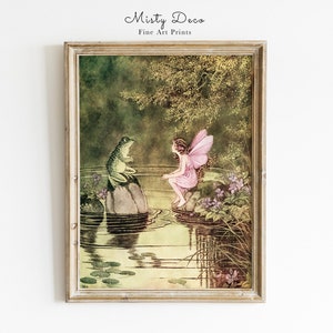 Cute Pink Fairy Talking to a Frog Illustration by Ida Rentoul Outhwaite, Vintage Fairy Fine Art Print Perfect for Nursery.