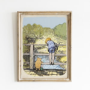 Winnie l'ourson et Christopher Robin sur l'illustration du pont, impression d'art vintage pour chambre d'enfant, illustration classique de Winnie l'ourson