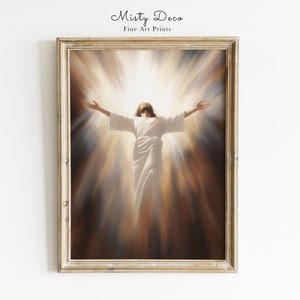 Jezus opstanding olieverfschilderij, christelijke kunst aan de muur, Jezus hemel print kunst, Jezus stijgt naar de hemel, Jezus Christus onze Verlosser.