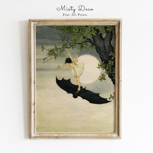 Fairy Riding on a Bat, Antique Wall Art by Ida Rentoul Outhwaite, Cute Vintage Fairytale Bat Wall Decor, The Golden Age of Illustration. image 1