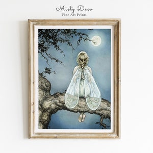 Cute Vintage Fairy Illustration, Forest Fairy for Nursery, Fairy Moon Print Art, Fairytale Kids Room Poster, Fairy Tale Girls Room Art.