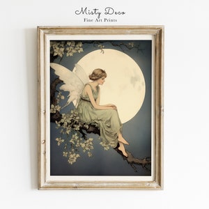 Beautiful Fairy and Full Moon Illustration for Nursery or Children's Room, Digital Art.