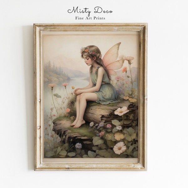 Cute Fairy and Wildflowers by the River Illustration, Whimsical Vintage Fairy Painting, Enchanting Fairy Tale Wall Art, Kids Room Wall Art.