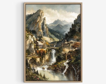 Elvish River Valley Fantasy Painting, Digital High Fantasy Power Rings Wall Art, Fellowship Poster.